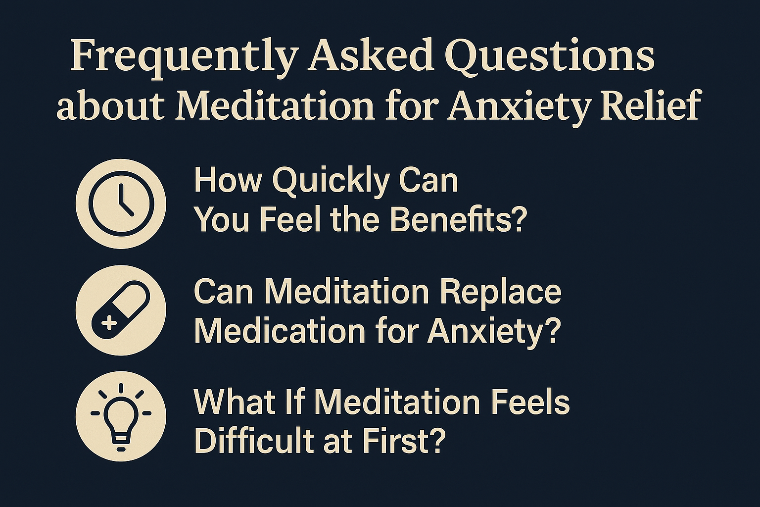A horizontal infographic titled “Frequently Asked Questions about Meditation for Anxiety Relief” featuring three icons—clock, pill, and light bulb—alongside common concerns about meditation’s effectiveness, replacing medication, and dealing with initial difficulty.