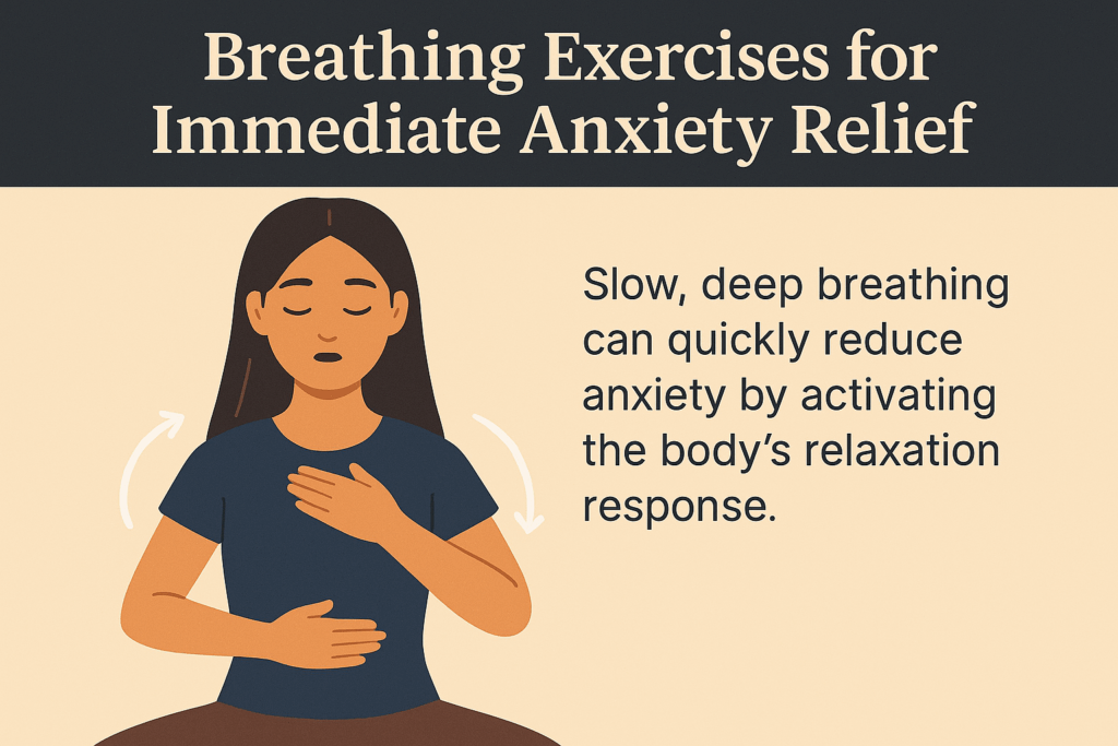 A flat-style digital infographic titled “Breathing Exercises for Immediate Anxiety Relief” featuring an East Asian woman practicing deep breathing with arrows showing inhale and exhale movements, and text explaining how slow breathing reduces anxiety by activating the body’s relaxation response.
