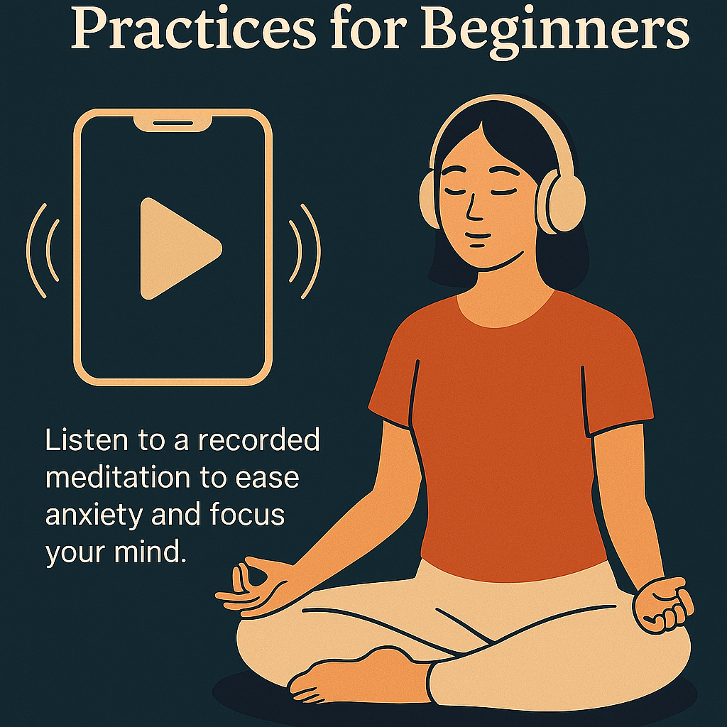 A flat-style digital illustration titled “Guided Meditation Practices for Beginners” showing an East Asian woman meditating with headphones on, next to a smartphone with a play button, symbolizing listening to guided meditations to reduce anxiety.