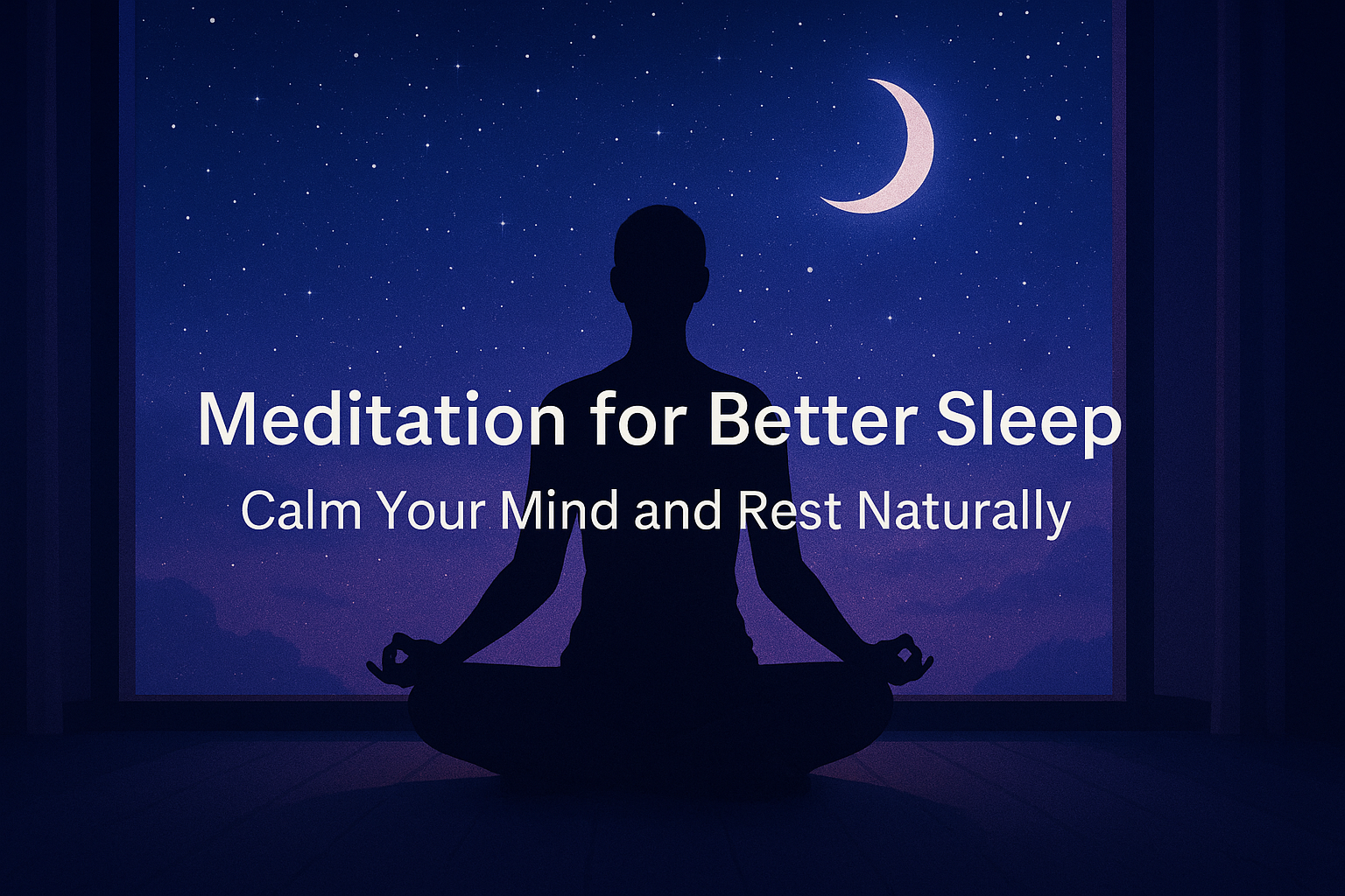 A peaceful night scene with a person meditating under a starry sky, symbolizing the calming effects of meditation for better sleep.